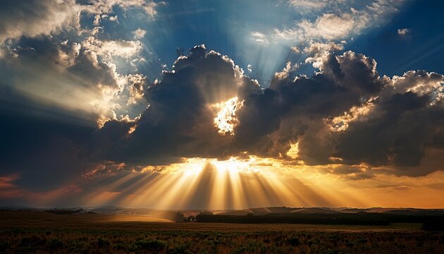 sun rays piercing through dark clouds background dramatic beams of golden light breaking through