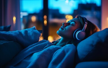 Obraz premium Relaxing Night Woman Listening to Music in Bed