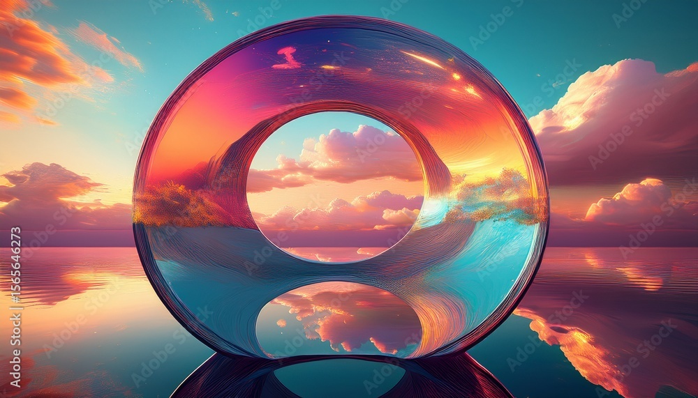 Wall mural abstract transparent circular form reflecting colorful sky with clouds