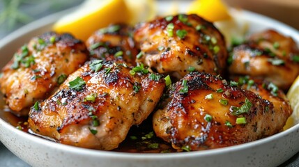 Savory grilled chicken thighs with fresh herbs and lemon wedges in rustic dish