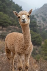 Obraz premium Adorable alpaca in mountainous landscape on a misty day