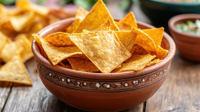 Crispy tortilla chips in rustic bowl on wooden table for snack time