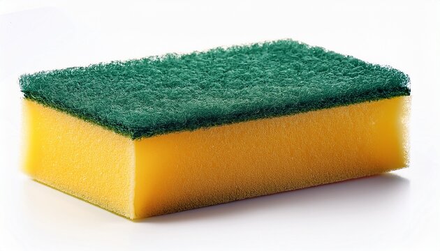 rectangular kitchen sponge with a yellow foam base and green scouring pad on top isolated on a white background ideal for dishwashing and cleaning