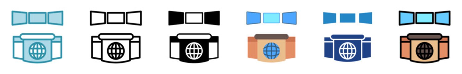 News Desk multi style, mini illustration icon set. outline, flat, glyph, line color. vector for UI, UX, app, web, digital or print. Related to journalist, broadcasting, news and media 