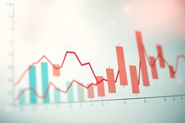 Close up of abstract financial candle stick chart with line graph in stock market on gradient white color background