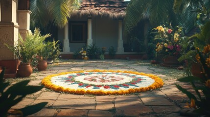 A serene stylized outdoor setting featuring a large Pookalam on the ground