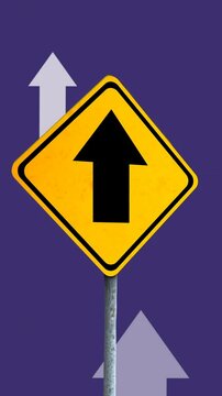 Animation of road sign and arrows on blue background