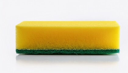 side view of a rectangular yellow kitchen sponge with a green abrasive scouring pad isolated on white background for cleaning product presentations