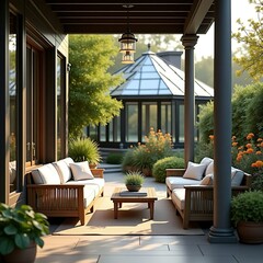 A sitting area adorned with a pair of elegant wicker deck chairs