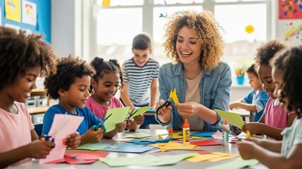 Teacher leading colorful arts and crafts session with focused and joyful children

