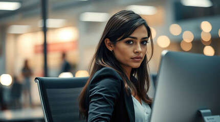 Portrait of modern young woman in office clothes, woman sitting at computer in office on blurred background of modern office,
