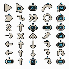 Collection of diverse arrow icons and AI robot symbols, representing navigation, direction, and artificial intelligence technology.