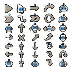 Playful vector illustration featuring a diverse set of cartoon robot-faced arrows and directional symbols, suitable for modern UI/UX applications.