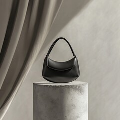 Black handbag display, modern setting, soft drapes.  Possible stock photo