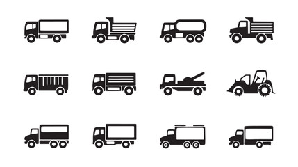 Collection of black truck icons and construction vehicle