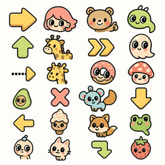 A delightful collection of whimsical cartoon illustrations featuring arrows, adorable animals, food items, and various cute characters on a clean, white background.