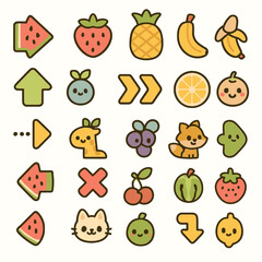 A delightful collection of cute kawaii vector icons featuring charming cartoon fruits, adorable animal characters, and playful directional arrows.