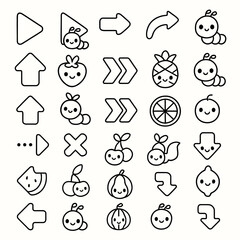 A collection of whimsical, hand-drawn vector illustrations featuring cute characters, arrows, and various fruits, perfect for playful designs and creative projects.