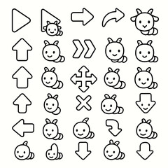 A charming collection of vector icons features playful cartoon caterpillars and directional arrows, perfect for adding a whimsical touch to design projects and interfaces.