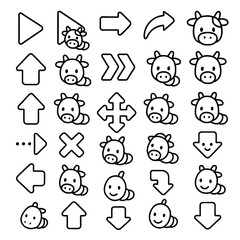Collection of cute cartoon cows and arrows, perfect for children's apps, websites, or playful designs needing navigation or direction indicators.  These simple, line-art icons are versatile and