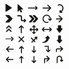 A collection of various arrow icons in different directions and styles, perfect for web design, user interfaces, navigation, and indicating movement or direction.