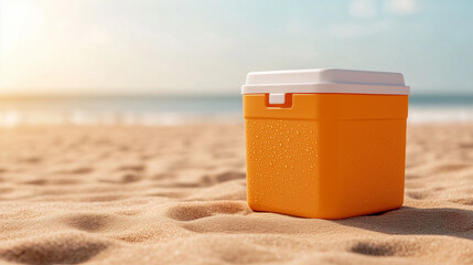 Bright orange cooler on sandy beach under sunlight by the ocean  