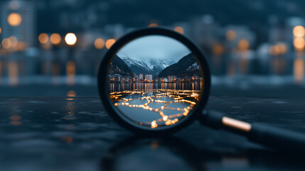 Magnifying glass reflecting city lights and mountains in twilight  