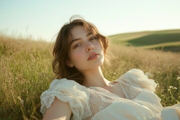 A young woman in a white lace dress lies in a sun-drenched field of tall grass, looking directly at the camera.
