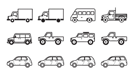 Twelve black and white vehicle icons arranged in three rows