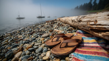 Beach sandals resting on a colorful blanket by the water's edge  