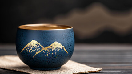 Ceramic tea cup with mountain design on textured wooden surface  