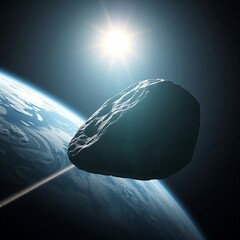 A detailed interstellar object drifting past Earth in deep space. Illuminated rock surface, subtle dust trail, and distant sunlight evoke wonder