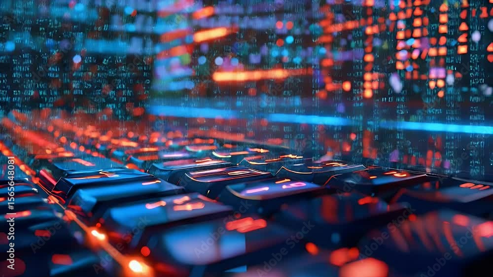 Poster close up view of illuminated keyboard with futuristic blue and orange lights. the background has blu