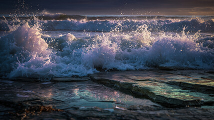 Ocean waves crashing on rocks during sunset with dramatic light  