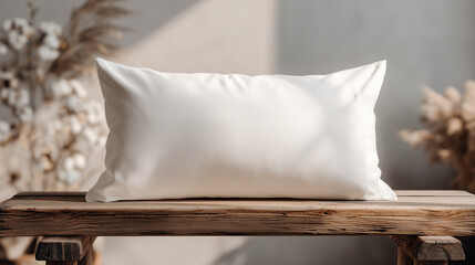White pillow resting on wooden table with decorative plants background  