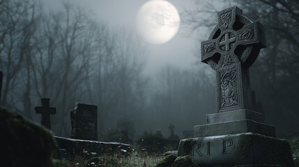 Celtic cross gravestone under full moon in misty cemetery  