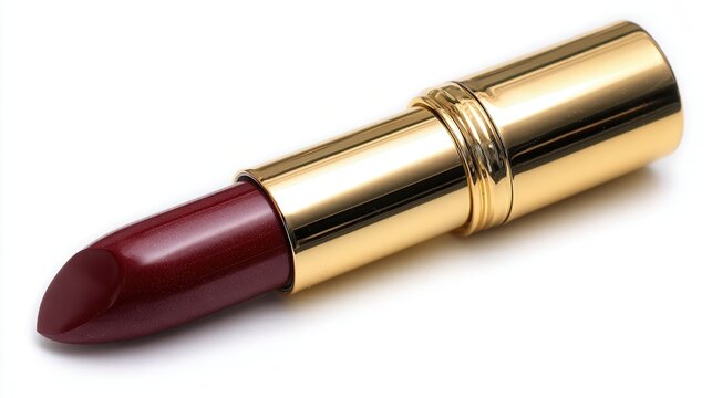 A close-up of a luxurious burgundy lipstick in a gold case, perfect for beauty product advertisements, makeup tutorials, or fashion blogs showcasing cosmetics, Ideal for promoting elegance and style,