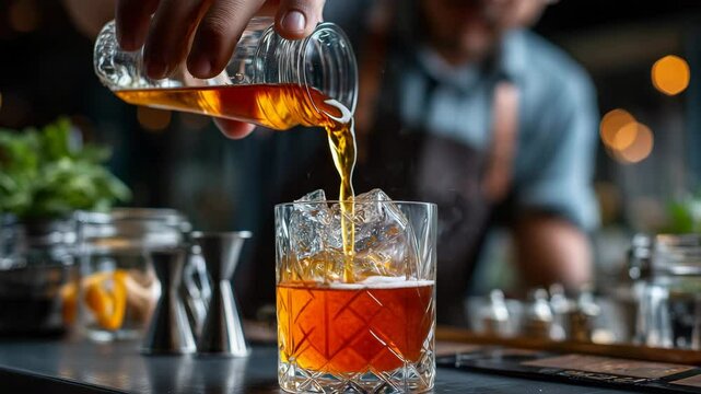 Closeup of bartender pouring whiskey or cocktail into glass with ice on bar counter with blurred background bar tools and garnish visible modern nightlife or drink preparation scene
