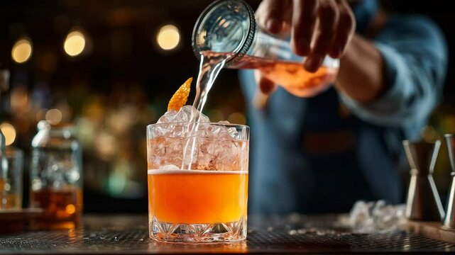 Closeup of bartender pouring whiskey or cocktail into glass with ice on bar counter with blurred background bar tools and garnish visible modern nightlife or drink preparation scene

