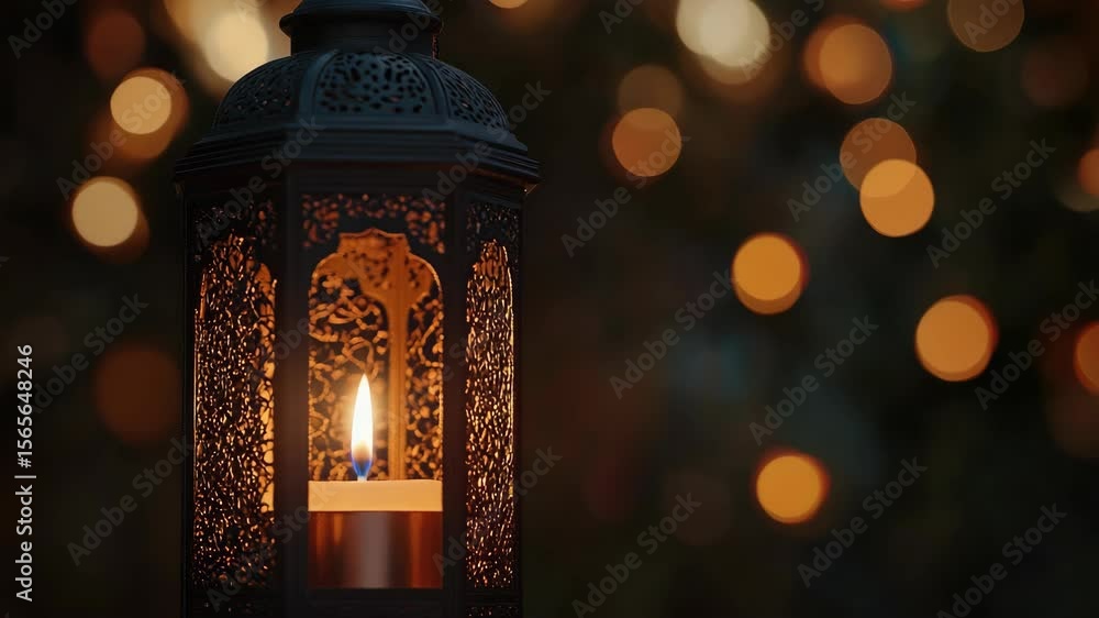 Poster a glowing lantern with a candle, set against the backdrop of a dark scene filled with bokeh lights f