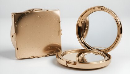 Gleaming gold makeup compacts showcase elegance and style, perfect for beauty accessories or vintage cosmetic collections.