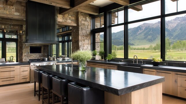 A modern kitchen featuring wooden cabinets, a large stone island, and expansive windows showcasing a mountain view, Ideal for real estate listings, interior design showcases, or lifestyle blogs,