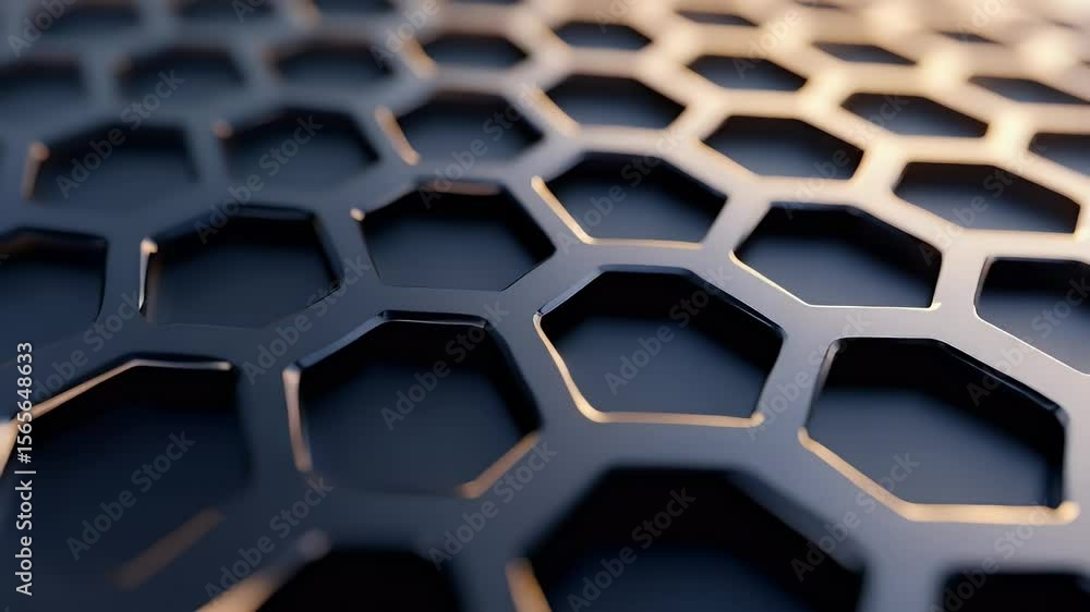 Poster close-up view of a metallic hexagonal pattern with a shallow depth of field and warm lighting. the d