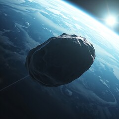 A detailed interstellar object drifting past Earth in deep space. Illuminated rock surface, subtle dust trail, and distant sunlight evoke wonder