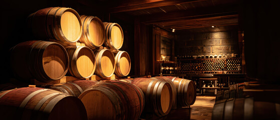 Wine cellar with stacked wooden barrels and wine bottles