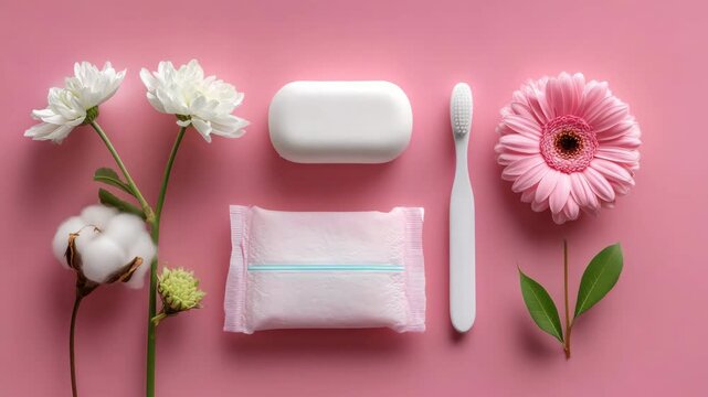 A white sanitary pad lies neatly on a pink background surrounded by soft pink daisies green leaves and flower buds symbolizing freshness femininity hygiene and natural menstrual care