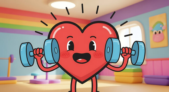 Heart Health Cartoon Heart Lifting Weights, Gym Illustration