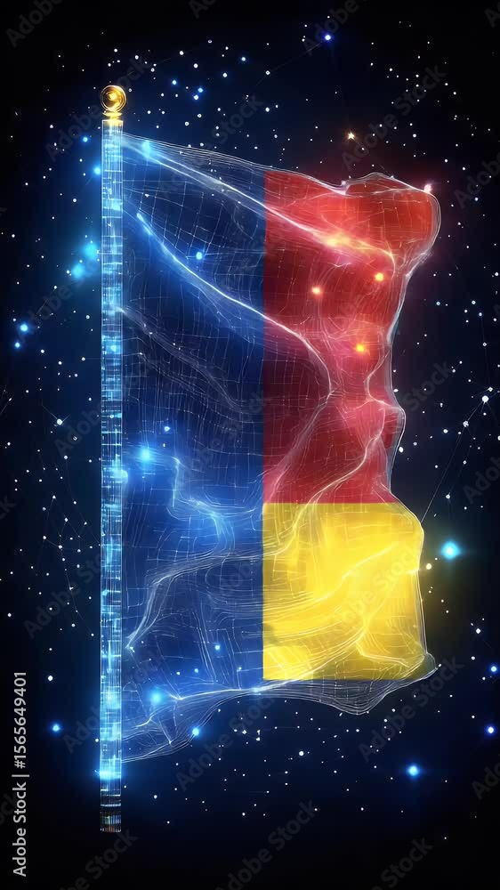 Aufkleber animated abstract digital flag waving against a starry night sky with glowing particles and vibrant 