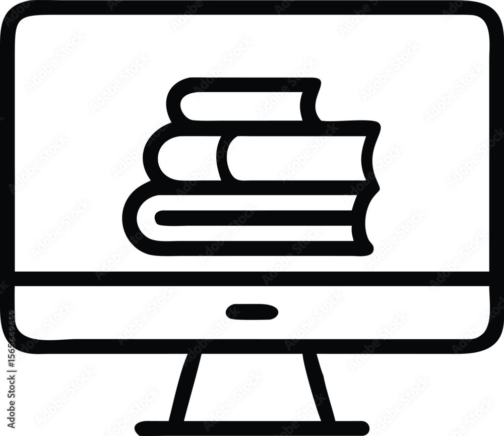 Fototapete Line drawing of computer monitor displaying stack of books icon graphic