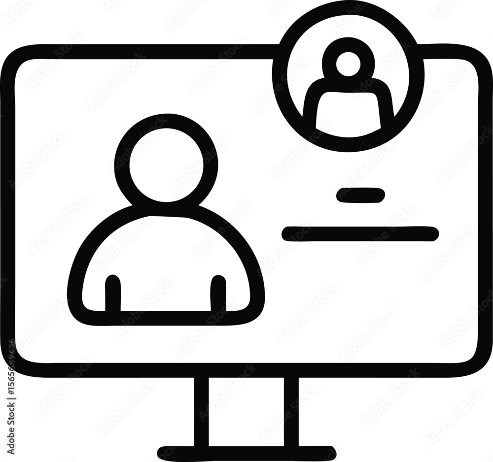 Poster line drawing of video call icon on computer screen with contact information